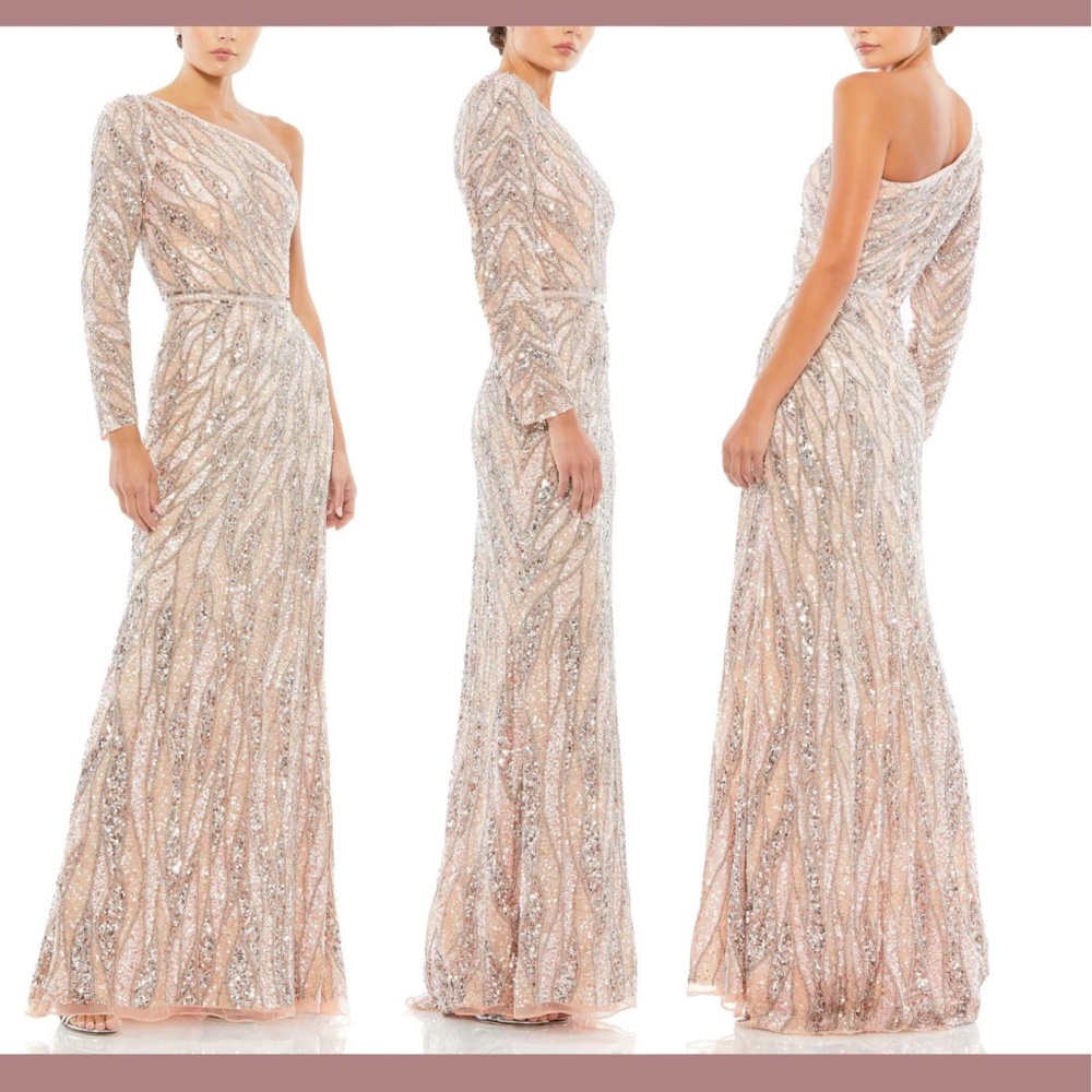 NWT $598 Mac Duggal [ 2 ] Embellish One Sleeve Gown Sequin Belt Rose Gold‎